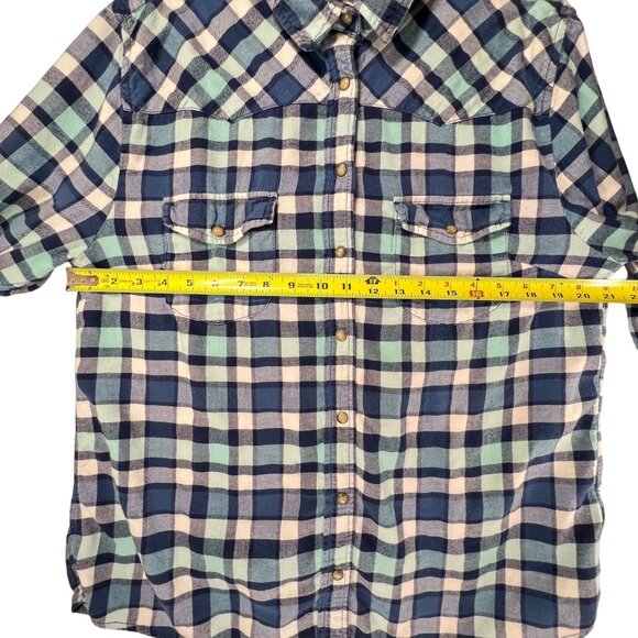 Bea Jachs Girlfriend Blue Gray Plaid Flannel Shirt Pearl Snap Buttons Western XL - Picture 12 of 13